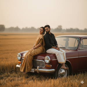 Cinematic couples photo prompts showing a romantic couple near a vintage car in a rural field