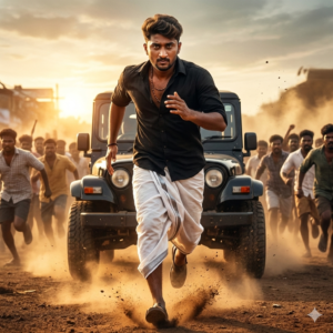 Gemini prompts for Boys action scene running toward camera cinematic dust effect
