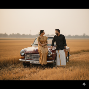 Cinematic couples photo prompts showing a romantic couple near a vintage car in a rural field