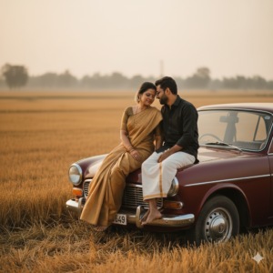 Cinematic couples photo prompts showing a romantic couple near a vintage car in a rural field