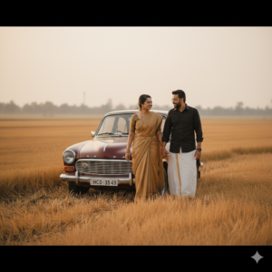 Cinematic couples photo prompts showing a romantic couple near a vintage car in a rural field