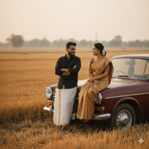Cinematic couples photo prompts showing a romantic couple near a vintage car in a rural field