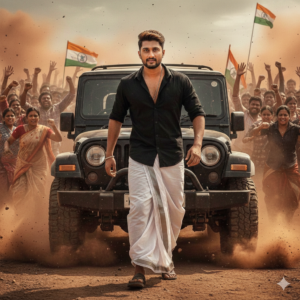 Gemini prompts for Boys cinematic hero walking away from jeep with crowd chaos background
