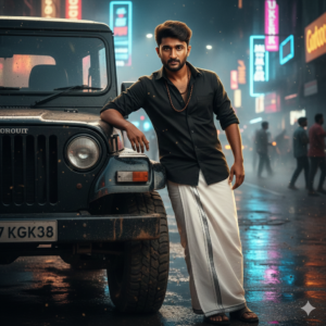 Gemini prompts for Boys neon night urban cinematic jeep portrait
