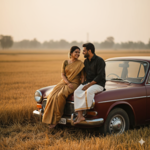 Cinematic couples photo prompts showing a romantic couple near a vintage car in a rural field