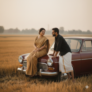 Cinematic couples photo prompts showing a romantic couple near a vintage car in a rural field