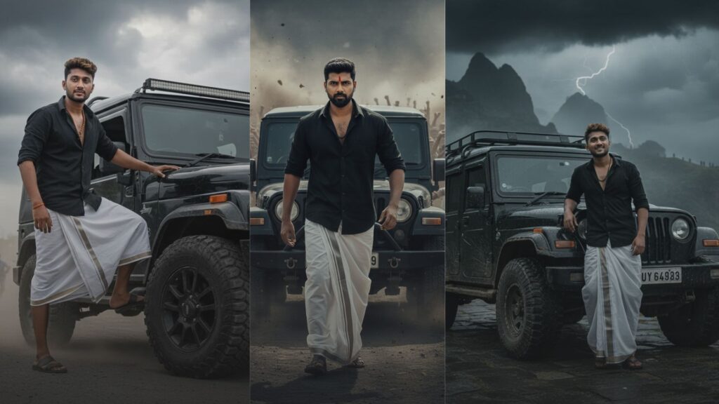 Gemini prompts for Boys cinematic hero poster with jeep, dust, dramatic lighting and powerful mass crowd background