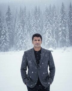 Ultra-realistic mountain sunrise self-portrait created using structured AI image generator prompts in Google Gemini.