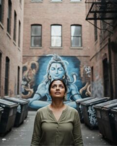 Over the shoulder cinematic portrait with Shiva wall art background generated using AI