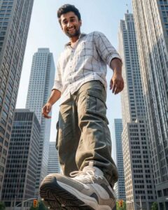 Giant-scale street fashion illusion created with cinematic viral AI image prompts using Google Gemini
