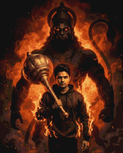 Hanuman cinematic AI portrait with fiery Hindu god ai image promptsshadow and golden gada realistic mythological scene Hindu god ai image prompts