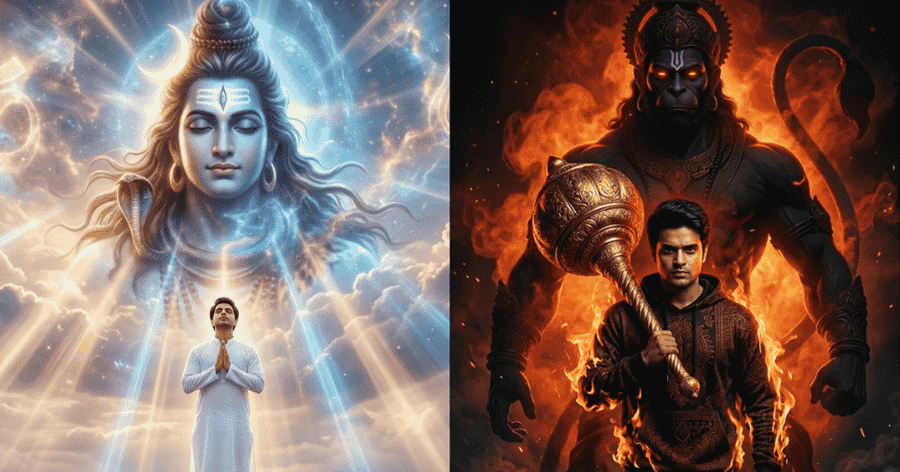 Hindu god AI image prompts for realistic portraits featuring Lord Shiva and Hanuman cinematic scenes