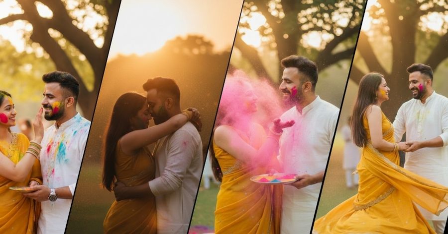 Romantic couple playing Holi with pink gulal cinematic portrait
Silhouette sunset hug Holi festival couple photo prompts