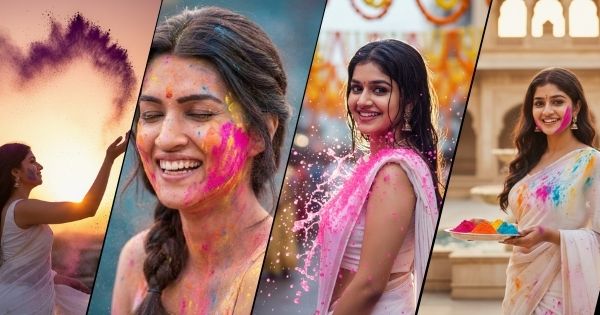 Holi photo prompts for girls cinematic color explosion portrait during festival