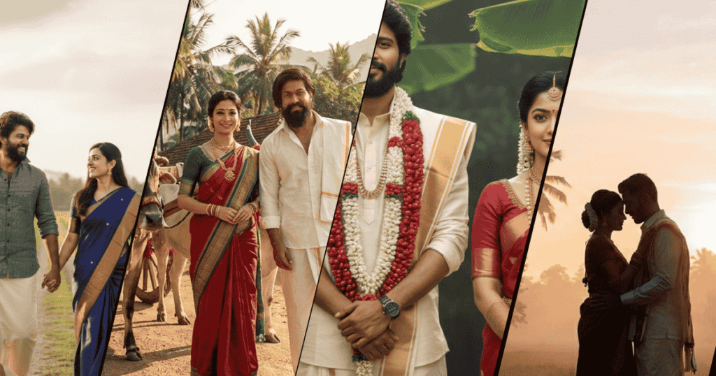 Wedding Couple Photo Prompts for cinematic South Indian AI portraits created with Google Gemini