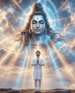 Hindu god AI image prompt showing realistic portrait of man receiving Lord Shiva blessing in divine sky scene Hindu god ai image prompts