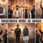 Narendra Modi AI image prompts cinematic political rally portrait with saffron lighting and leadership framing