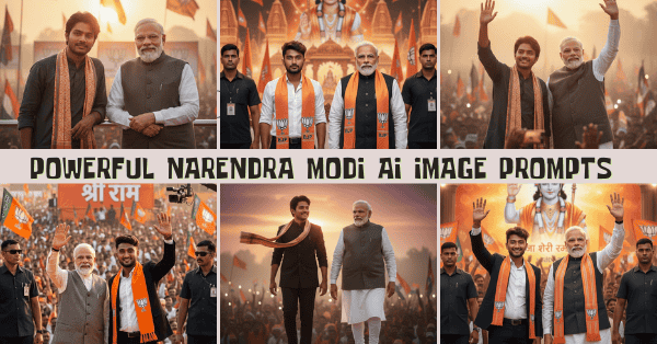 Narendra Modi AI image prompts cinematic political rally portrait with saffron lighting and leadership framing