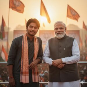 Narendra Modi AI image prompt with Shri Ram backdrop and saffron lighting