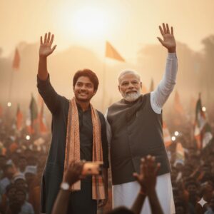 Narendra Modi AI image prompt sunrise political rally with saffron flags and cinematic lighting