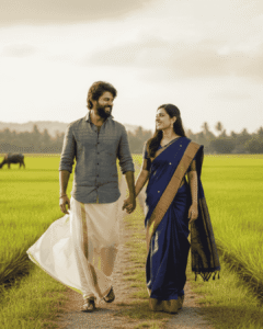 South Indian couple walking in paddy fields AI wedding portrait prompt
