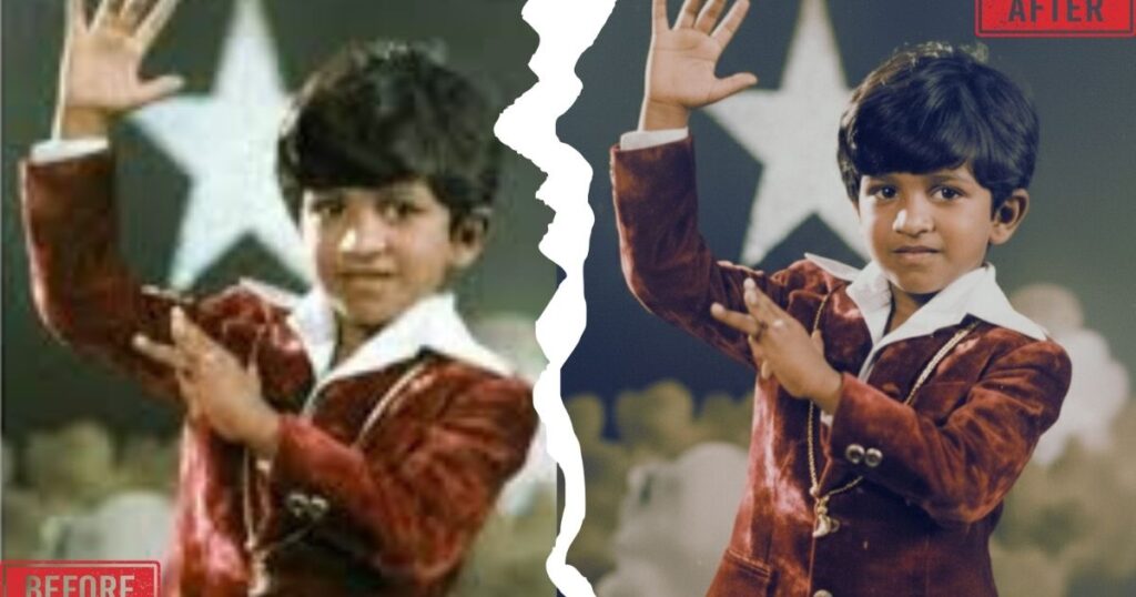 Photo enhancer prompt restoring an old album photograph in Google Gemini while preserving identity and background