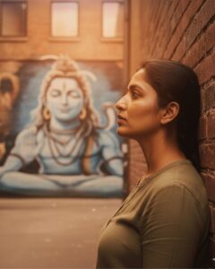 Rainy urban Shiva mural background cinematic AI portrait