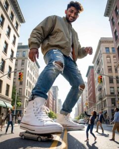 Extreme low-angle rooftop fashion dominance shot generated using Gemini cinematic prompts
