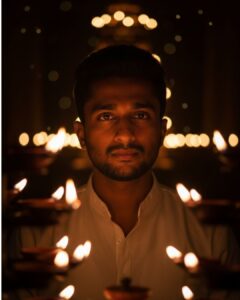 Sacred white cow portrait inside Hindu temple created with AI image prompts