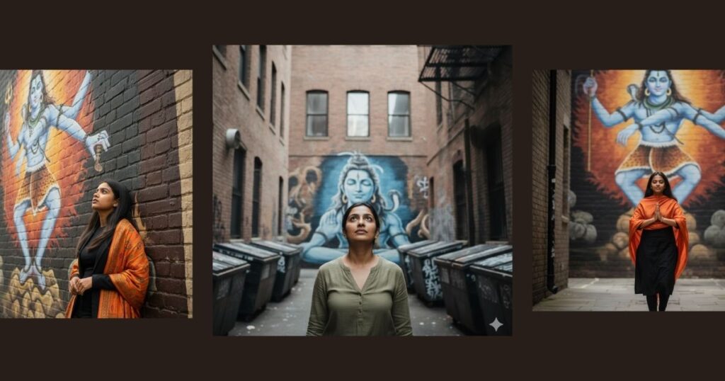 Shiva wall art AI prompts creating cinematic urban devotional portrait in Google Gemini