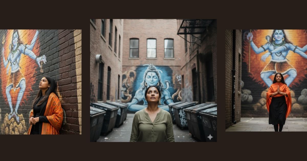 Shiva wall art AI prompts creating cinematic urban devotional portrait in Google Gemini