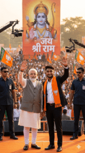 BJP stage photography AI prompt with Narendra Modi cinematic rally background