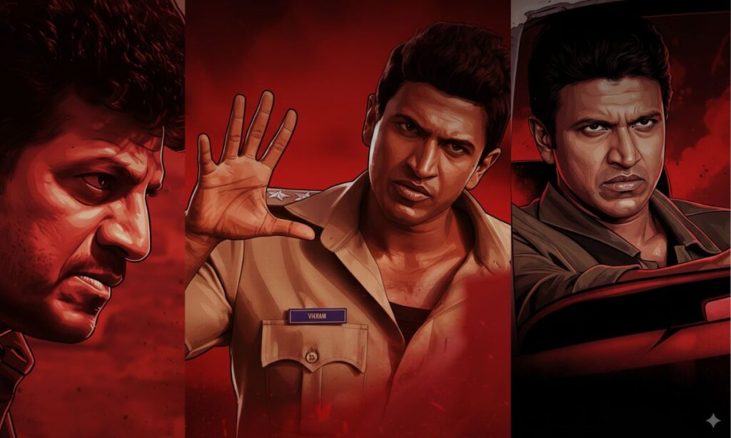 A cinematic AI illustration inspired by Tamil cinema poster design, featuring dramatic red tones and high-contrast lighting