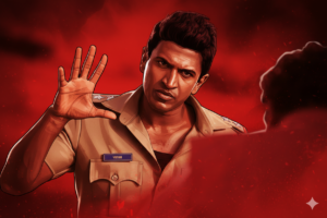 Tamil cinema poster design inspired AI illustration with deep red cinematic lighting and gangster movie poster style with Puneet Rajkumar 
