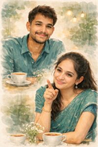 Romantic couple collage illustration created using trending AI prompts in Google Gemini