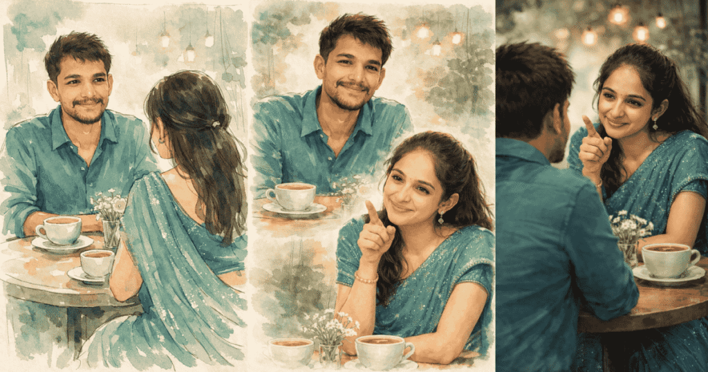 Trending AI prompts for romantic couple illustration created using Google Gemini in cinematic watercolor style
