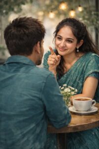 Woman in teal glittering saree romantic café illustration using trending AI prompts Google Gemini