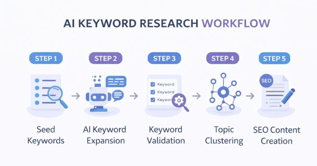 AI keyword research workflow from seed keywords to SEO content creation