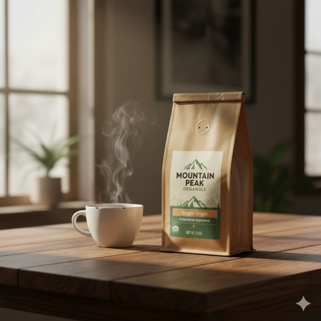 Food AI product photography prompts  for ecommerce organic coffee packaging

