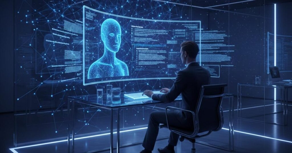 AI prompts concept showing user interacting with artificial intelligence to generate content