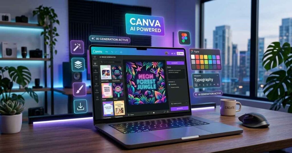 infographic showing main canva ai tools including magic write and text to image