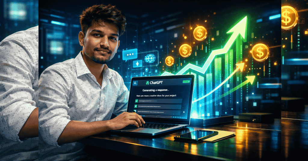 ChatGPT Prompts for Freelancer on laptop with income growth chart