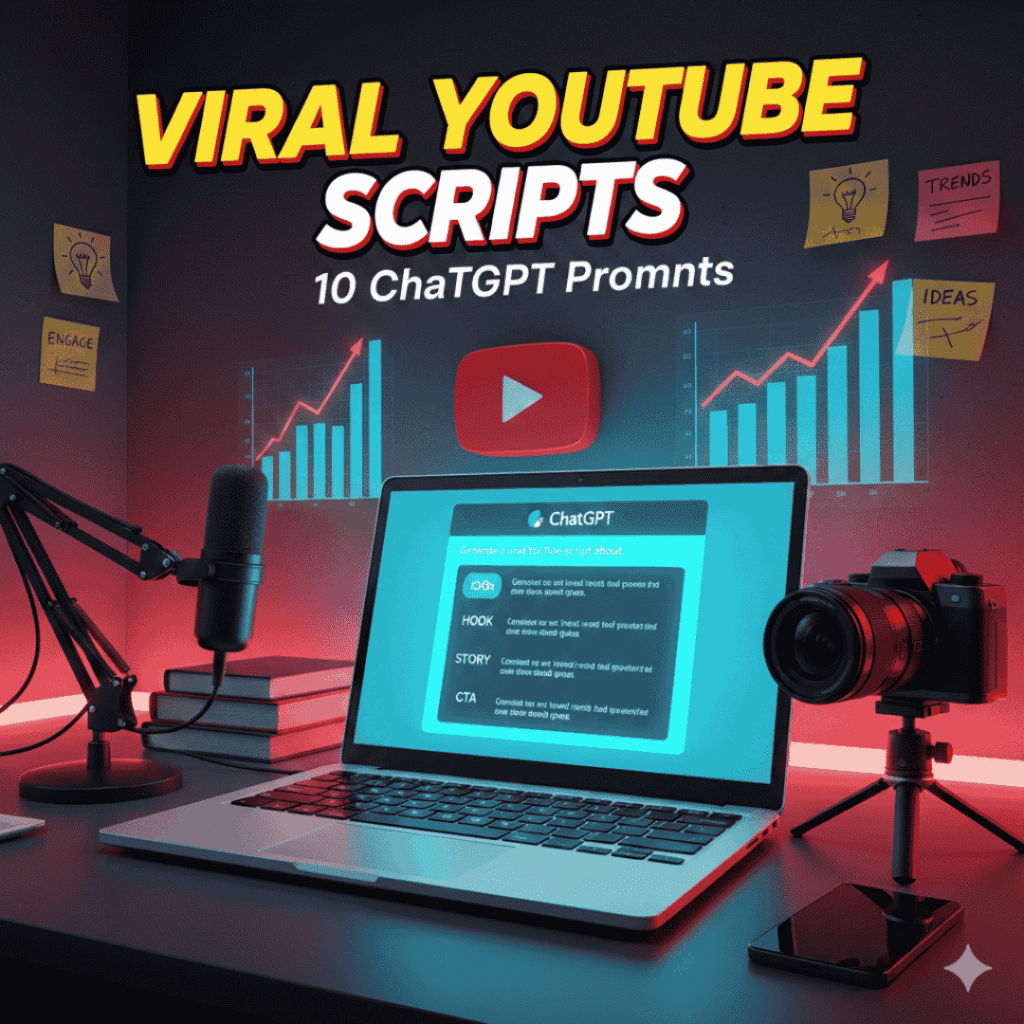 ChatGPT prompts generating viral YouTube scripts on laptop screen with AI writing tools