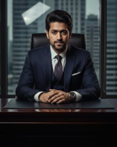 Luxury consultant portrait with dark background and high-contrast Rembrandt lighting in 4K