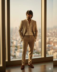 Startup founder AI portrait in penthouse at golden hour with cinematic sunlight and shallow depth of field