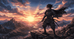 Midjourney generated anime character portrait inspired by Itachi Uchiha with glowing sharingan eyes