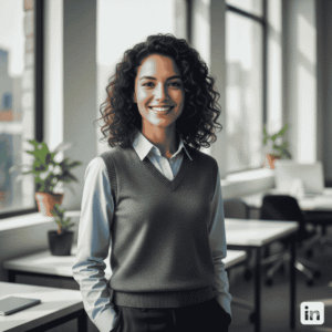 modern professional LinkedIn headshot with office background