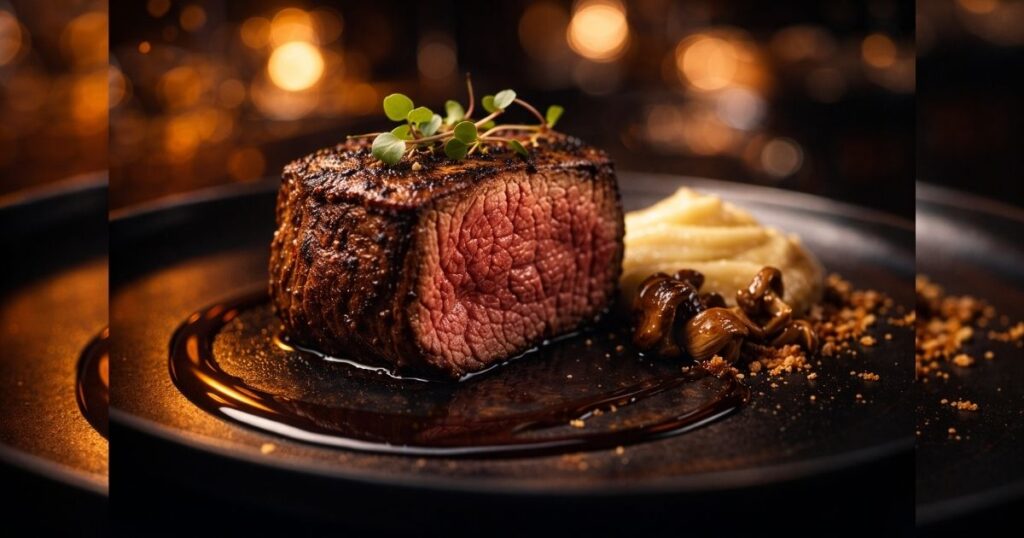 Professional food photography of a gourmet steak dish with elegant plating, dramatic lighting, and shallow depth of field