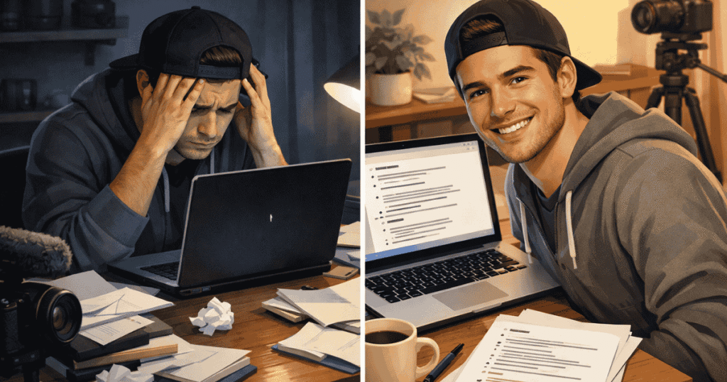 Frustrated creator vs successful script using AI prompts for YouTube documentary scripts