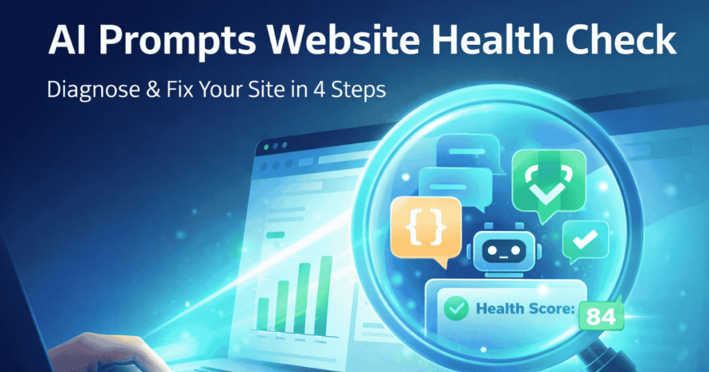 AI prompts website health check – magnifying glass inspecting a website dashboard with health score 84 and AI symbols